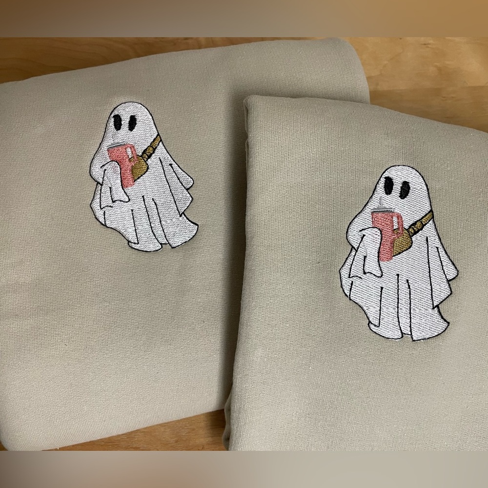 Stanley cup & belt bag ghost embroidered sweatshirt. Left chest design, custom.